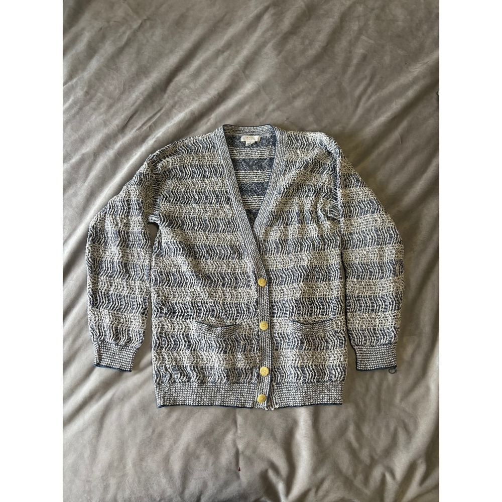 Reunion Menswear Vintage Cotton Chevron Knit Cardigan Sweater Navy White Medium